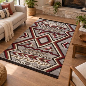 May include: A rectangular area rug featuring a geometric pattern in shades of gray, deep red, black, and cream. The design consists of repeating diamond shapes, stepped lines, and arrow-like motifs arranged in a symmetrical, repeating layout.