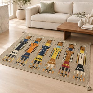 Alfombra Navajo de Lana Tejida a Mano, Alfombra Yei Bi Chei, Alfombra de Tapiz Tribal, Alfombra Decorativa de Pared, Alfombra Pictórica de Decoración del Hogar, Diseño Mexicano, 4 x 6 pies