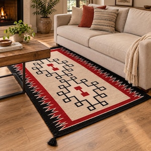 May include: A rectangular area rug featuring a cream-colored center with a black geometric maze-like pattern and red accents. The rug has a wide red border with a black zigzag edge and black tassels at the corners, creating a bold visual contrast.