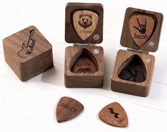 Personalized Wooden Guitar Pick Box, Custom Engraved Music Lover Gift