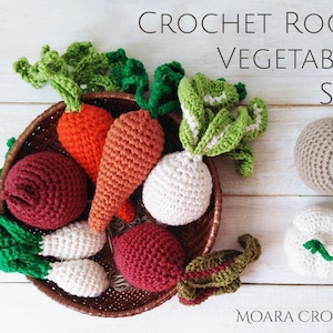 May include: A set of crocheted root vegetables, including a carrot, beetroot, turnip, radish, onion, and potato. The vegetables are all in a basket and have green tops. The text "CROCHET ROOT VEGETABLE SET" is at the top of the image, and the text "MOARA CROCHET" is at the bottom.