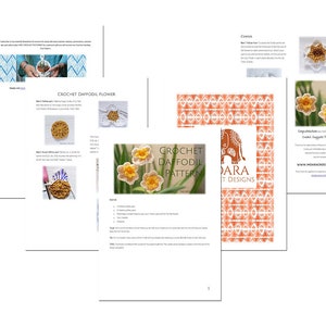 May include: Crochet Daffodil Flower pattern by Mohara Crochet Designs. The pattern includes instructions for crocheting a yellow daffodil flower with green leaves. The pattern is available for download on the Mohara Crochet Designs website.