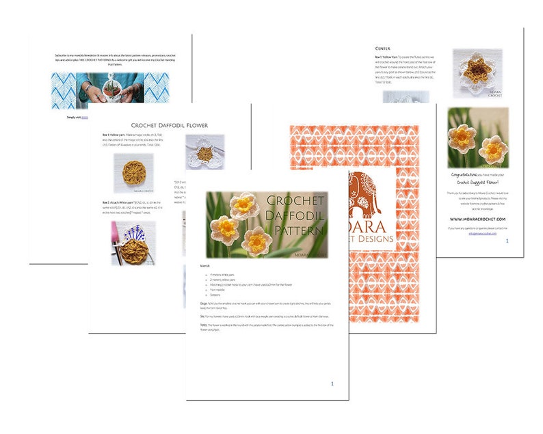May include: Crochet Daffodil Flower pattern by Mohara Crochet Designs. The pattern includes instructions for crocheting a yellow daffodil flower with green leaves. The pattern is available for download on the Mohara Crochet Designs website.