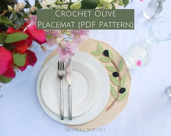 Botanical Olive Crochet Placemat PDF Pattern - Including step by step written Crochet tutorial.