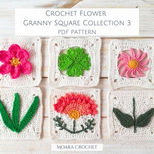 Könnte beinhalten: Sechs Häkel-Oma-Quadrate mit verschiedenen Blumendesigns. Die Quadrate sind weiß mit grünen, rosa und orangefarbenen Blumen. Der Titel "Crochet Flower Granny Square Collection 3 PDF Pattern" befindet sich oben im Bild. Der Text "Moara Crochet" befindet sich unten im Bild.