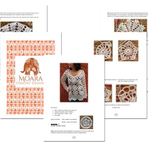 K&ouml;nnte beinhalten: Ein H&auml;kelmuster f&uuml;r ein wei&szlig;es Oberteil mit Blumenmuster. Das Muster enth&auml;lt Anweisungen zum Herstellen des Oberteils sowie ein Diagramm des fertigen Produkts. Das Muster stammt von Moara Crochet Design.