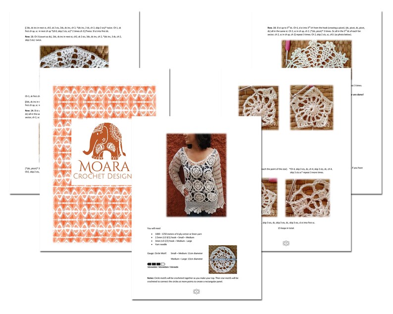 K&ouml;nnte beinhalten: Ein H&auml;kelmuster f&uuml;r ein wei&szlig;es Oberteil mit Blumenmuster. Das Muster enth&auml;lt Anweisungen zum Herstellen des Oberteils sowie ein Diagramm des fertigen Produkts. Das Muster stammt von Moara Crochet Design.