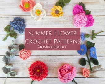 Coleção de Flores de Crochê de Verão em PDF - Rosa, Girassol, Hortênsia, Papoula, Peônia, Glória-da-manhã, Frangipani, Lírio, Dália, Cardo e Eucalipto