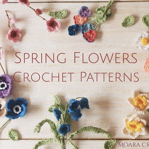 Crochet Spring Flowers Collection - Anemone, Daffodil, Daisy, Pansy, Cherry Blossom, Ranunculus & Bluebell flowers. Step by step PDF pattern