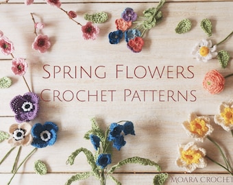 Crochet Spring Flowers Collection - Anemone, Daffodil, Daisy, Pansy, Cherry Blossom, Ranunculus & Bluebell flowers. Step by step PDF pattern