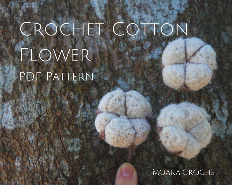 May include: Crochet cotton flower PDF pattern. Three white crocheted cotton flowers with brown stems are displayed on a tree bark background. The text "MOARA CROCHET" is visible in the bottom right corner.