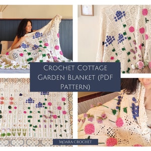 May include: Crochet Cottage Garden Blanket PDF Pattern by Moara Crochet. A white crochet blanket with a floral design featuring pink, blue, green, and white flowers.