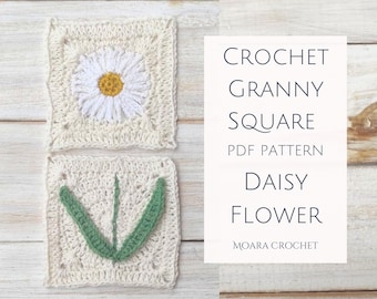 May include: Two crocheted granny squares, one with a white daisy flower and the other with a green leaf design. Crochet Granny Square PDF Pattern Daisy Flower Moara Crochet.