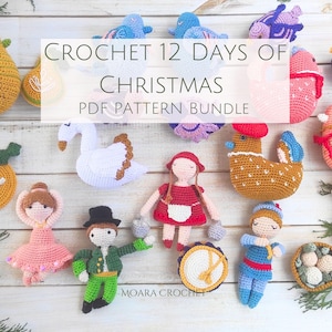 May include: A collection of crocheted Christmas ornaments, including birds, a swan, a ballerina, and a drummer. The text "CROCHET 12 DAYS OF CHRISTMAS PDF PATTERN BUNDLE" is displayed. The ornaments are in various colors, including yellow, pink, and blue.