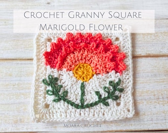 Può includere: Un quadrato di nonna all'uncinetto con un fiore di calendula con un centro giallo, petali arancioni e foglie verdi. Il quadrato è bianco con un bordo all'uncinetto.