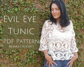 Evil Eye Crochet Top Pattern. Step by step written photo tutorial crochet PDF pattern.