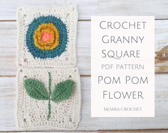 Crochet Granny Square Flower Pattern - Pom Pom Flower Step by step crochet pattern tutorial with lots of photos.