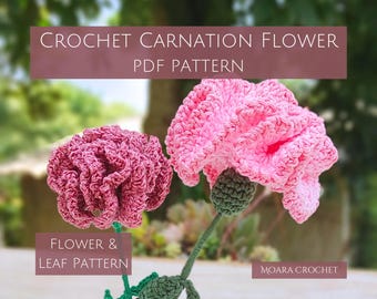 Crochet Carnation Flower Pattern - Step by step written crochet flower pattern with lots of photos. Flower and leaf Pattern included.