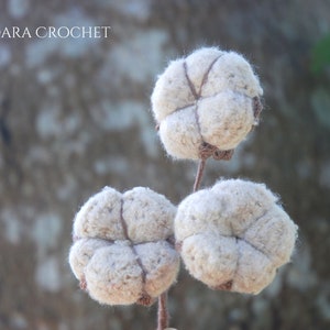 May include: Three white crocheted cotton boll ornaments with brown yarn accents. The bolls are arranged on a stem.