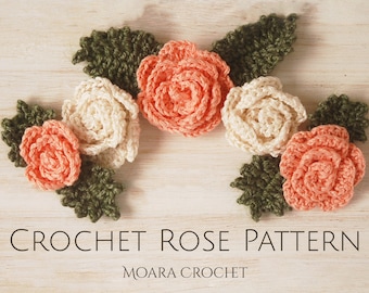 Crochet Rose Flower and Leaf Pattern - Step by step crochet pattern Flower in Small, Medium & Large, plus Leaf in Small and Large size.
