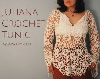 Juliana Crochet Tunic Pattern - Step by step written photo tutorial crochet PDF pattern. Bohemian crochet tunic perfect for any season.