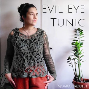 Evil Eye Crochet Tunic Pattern with optional Hood. Step by step written photo tutorial crochet PDF pattern.