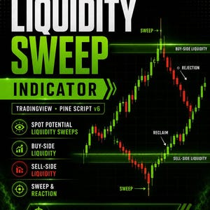 May include: A digital graphic for the Wolfpips Liquidity Sweep Indicator for TradingView Pine Script v6. The black background features green text and a candlestick chart showing buy-side liquidity, sell-side liquidity, sweeps, and reclaims.