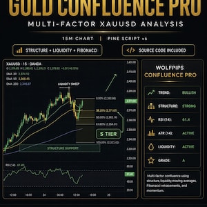 Puede incluir: Un panel de trading digital titulado WOLFPIPS GOLD CONFLUENCE PRO con fondo negro y texto dorado. Muestra un gráfico XAUUSD de 15 minutos con medias móviles, barrido de liquidez, niveles de retroceso de Fibonacci y un panel lateral con métricas de tendencia, estructura, RSI, ATR y liquidez.