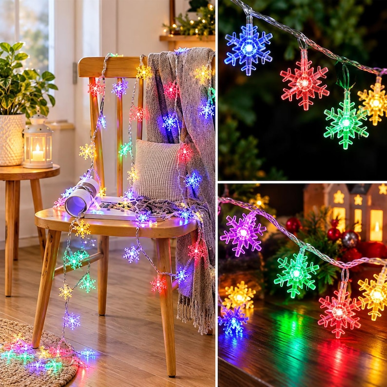 LED Snowflake String Lights, Christmas Fairy Light Garland, USB or ...