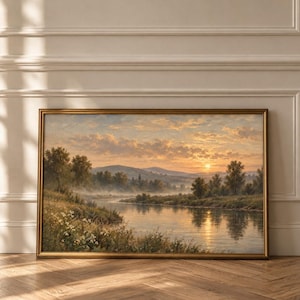 River Sunset Printable Wall Art, Vintage English Countryside Landscape