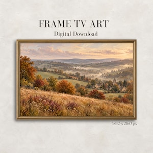 May include: A digital landscape painting of a rolling countryside at sunset, featuring autumn trees, a small village, and misty hills, enclosed in a gold frame. Text above reads FRAME TV ART Digital Download, with 3840 x 2160 px in the corner.