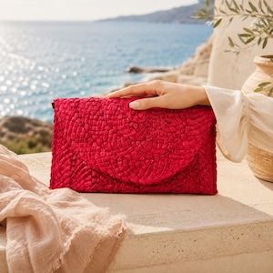 Clutch aus Maisstroh mit Magnetverschluss, gewebte rechteckige Umschlagtasche mit Polyesterfutter in fünf Farben
