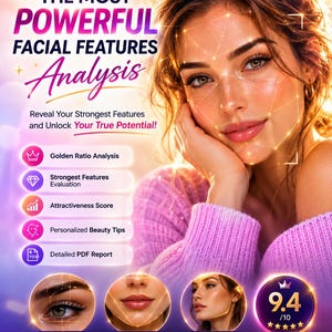 May include: A digital advertisement for a facial analysis service featuring a person with a glowing geometric grid overlay on their face. Text includes THE MOST POWERFUL FACIAL FEATURES Analysis, Golden Ratio Analysis, and a 9.4/10 score.