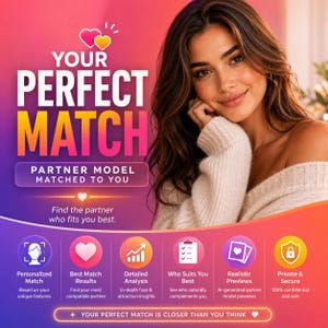 May include: A promotional graphic featuring the text YOUR PERFECT MATCH, PARTNER MODEL MATCHED TO YOU, and Find the partner who fits you best. It includes six icons labeled Personalized Match, Best Match Results, Detailed Analysis, Who Suits You Best, Realistic Previews, and Private & Secure, with the text YOUR PERFECT MATCH IS CLOSER THAN YOU THINK at the bottom.