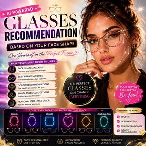 May include: An informational graphic for an AI-powered glasses recommendation service. It features text about face shape analysis, frame matches, and style guides, alongside a visual display of various face shapes and corresponding eyewear styles.