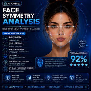 May include: A digital graphic for an AI-powered face symmetry analysis service. It features a woman's face overlaid with geometric alignment lines, text detailing features like eye symmetry, nose harmony, and a 92% face balance score.