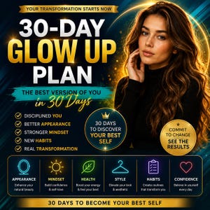 May include: A digital graphic titled 30-DAY GLOW UP PLAN featuring text, a list of goals, and six icons representing appearance, mindset, health, style, habits, and confidence. The design uses gold and teal accents on a dark background.