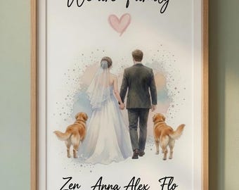 Personalisierte Hochzeitsporträt-Illustration, Paar mit Hunden, individuelles Familienerinnerungsstück