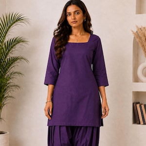 Purple Kurta Set for Women, Indian Salwar Suit 3/4 Sleeve Tunic Top, Ethnic Indian Outfit, Comfortable Traditional Wear, Purple Punjabi Suit