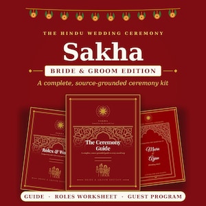 Pode incluir: Um kit de cerimónia de casamento hindu vermelho escuro intitulado Sakha Bride & Groom Edition. Inclui três folhetos: The Ceremony Guide, Roles & Worksheets e um Guest Program. As capas apresentam bordas florais em tom dourado.