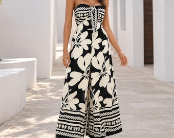 Strapless Wide Leg Jumpsuit: Floral Boho Summer Beach Vacation Outfit