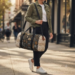 Könnte beinhalten: Eine zylindrische Reisetasche mit einem schwarz-beigen geometrischen Muster und verschiedenen tribal-inspirierten Motiven. Die Tasche verfügt über schwarze Stoffriemen, einen seitlichen Tragegriff und einen Reißverschluss, getragen über der Schulter.