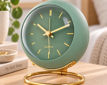 Nordic Minimalist Desk Alarm Clock, Metal Bedside Silent Analog Table Clock with Backlight, Retro Decorative Clock