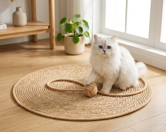 Katzenkratzmatte, Katzenkratzbrett aus Naturrattan mit Ballspielzeug, runde Haustierkratzmatte, Möbelschutz für Wohnungskatzen