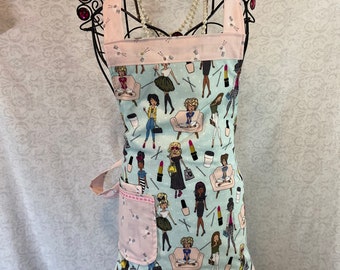 Reversible Apron in Sweet Modern Fashion Girls and Pink Bird design, so Cool and ready for that Bake Sale ...