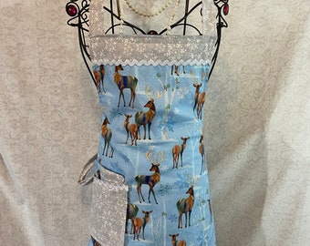 Apron Reversible, Snowy Blue with Peaceful Pastel Deer, its sure to make those Holiday recipes most Festive...Merry Merry and a Happy New Yr