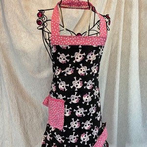 Reversible Apron in Sparkly Skulls with Sassy Pink Bows, and Pink Polka Dots. Hot and Sweet for those wild nights in the kitchen... image 1