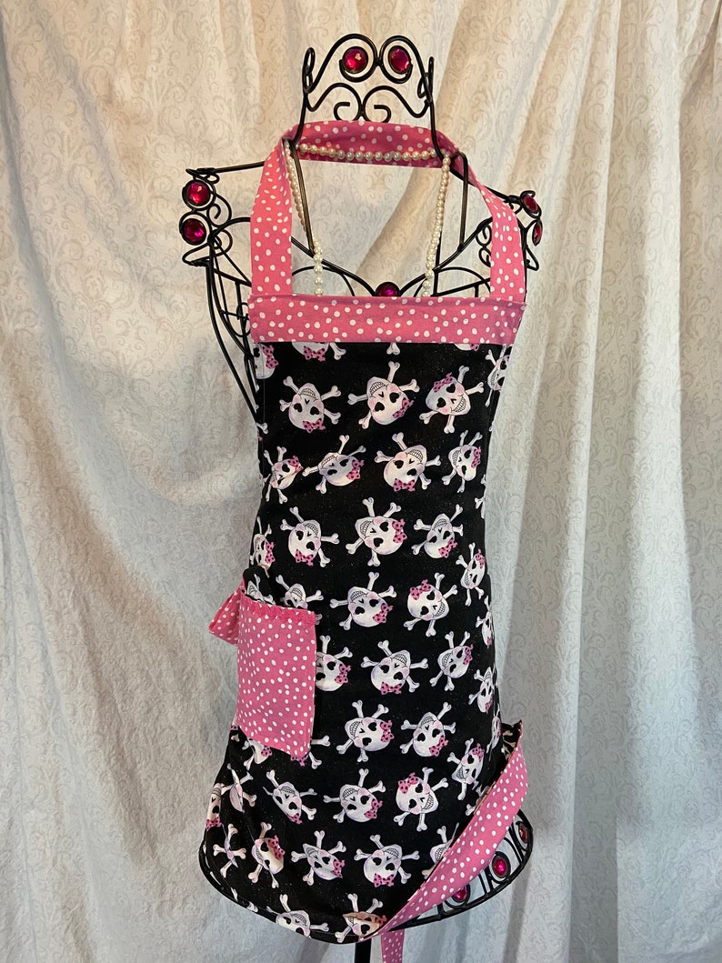 Reversible Apron in Sparkly Skulls with Sassy Pink Bows, and Pink Polka Dots. Hot and Sweet for those wild nights in the kitchen... image 1