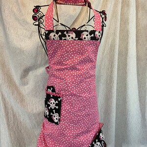 Reversible Apron in Sparkly Skulls with Sassy Pink Bows, and Pink Polka Dots. Hot and Sweet for those wild nights in the kitchen... image 2