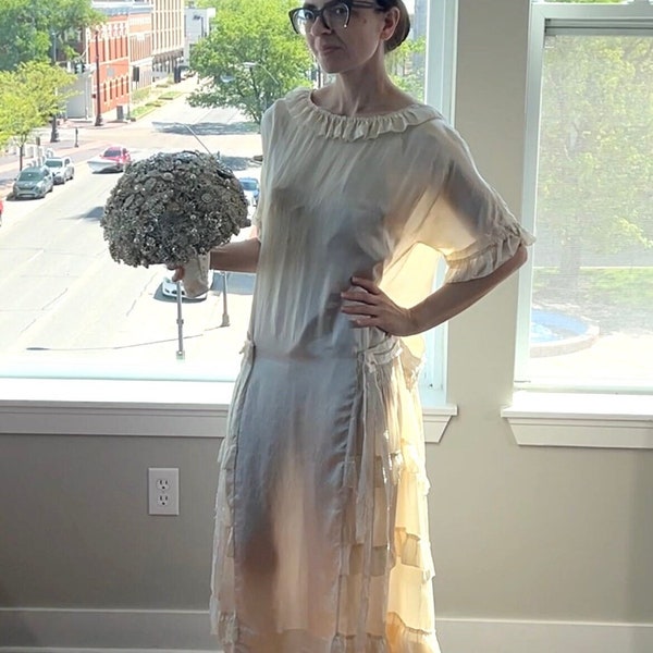 Vintage 1920s Cream Ecru Drop Waist Silk Satin Flapper Wedding Dress Bridal Reception Ruffle M/L Bust 43" Waist 40" Hips 48" A Vintage Bride